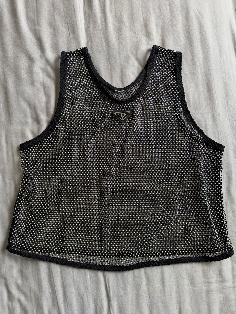 Embellished MCE Black Mesh Crop Tank Top